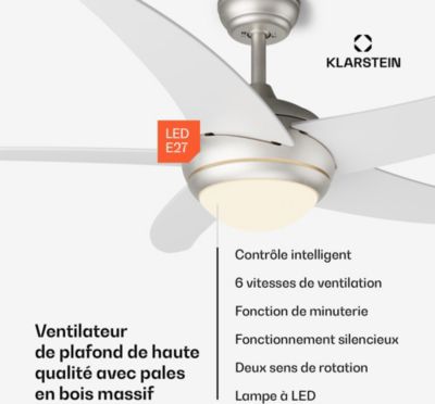  Ventilateur Plafonnier KLARSTEIN Bolero 2en1 132cm 55 W LED App Blanc