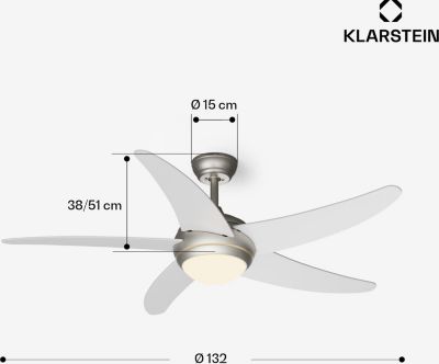 Ventilateur Plafonnier KLARSTEIN Bolero 2en1 132cm 55 W LED App Blanc