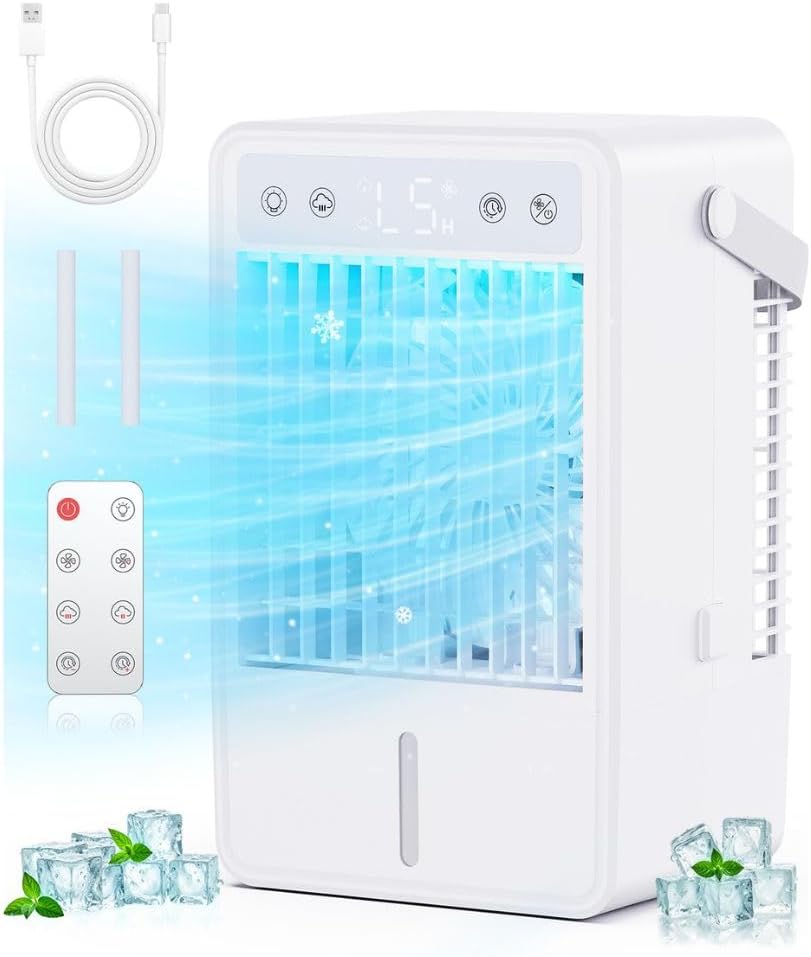  Climatiseur Mobile Avec Réservoir De 1500ML, Télécommande Incluse, 5 Vitesses Et 3 Modes, Minuterie Programmable (2 à 10 Heures), Alimentation USB & Éclairage LED RGB – Parfait Pour Les Petites Pièces