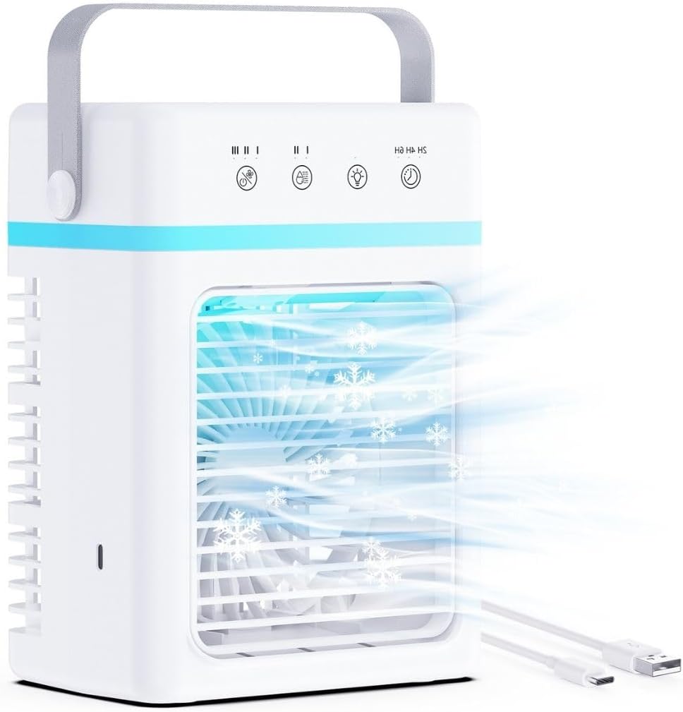  Climatiseur Mobile Avec Réservoir De 1500ML, Télécommande Incluse, 5 Vitesses Et 3 Modes, Minuterie Programmable (2 à 10 Heures), Alimentation USB & Éclairage LED RGB – Parfait Pour Les Petites Pièces
