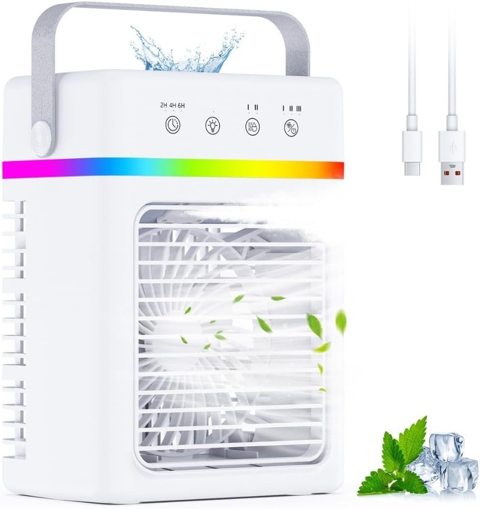  Climatiseur Mobile Avec Réservoir De 1500ML, Télécommande Incluse, 5 Vitesses Et 3 Modes, Minuterie Programmable (2 à 10 Heures), Alimentation USB & Éclairage LED RGB – Parfait Pour Les Petites Pièces