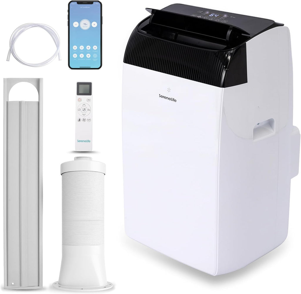  SereneLife Climatiseur Portable 9000 BTU WiFi, 3 En 1 : Refroidissement, Ventilateur, Déshumidificateur, Minuterie 24h, Couverture De 41,8 M², Kit De Fenêtre Et Télécommande