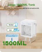  Climatiseur Mobile Avec Réservoir De 1500ML, Télécommande Incluse, 5 Vitesses Et 3 Modes, Minuterie Programmable (2 à 10 Heures), Alimentation USB & Éclairage LED RGB – Parfait Pour Les Petites Pièces
