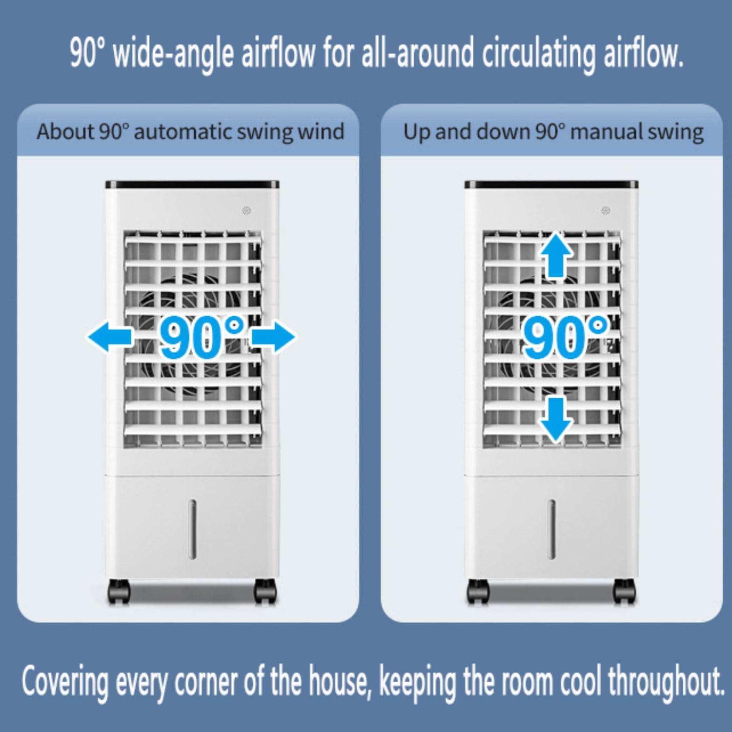 GENERIC Climatiseur Portable Par évaporation Avec Ventilateur Oscillant à 90°, 4 Modes, 3 Vitesses, Minuterie 15 H, Télécommande Et Blocs Réfrigérants, Réservoir D'eau De 9 L. Idéal Pour Chambre Ou Bureau.