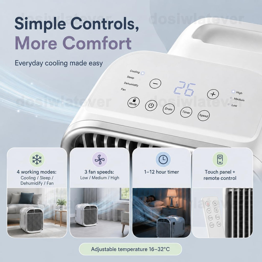 Climatiseur Mobile Silencieux 4100-5100 BTU 1200W/1500W, Refroidissement Rapide 8-10m², Clim Portable Sans Installation, Usage Chambre Bureau Tente Camping White-V1pro220V