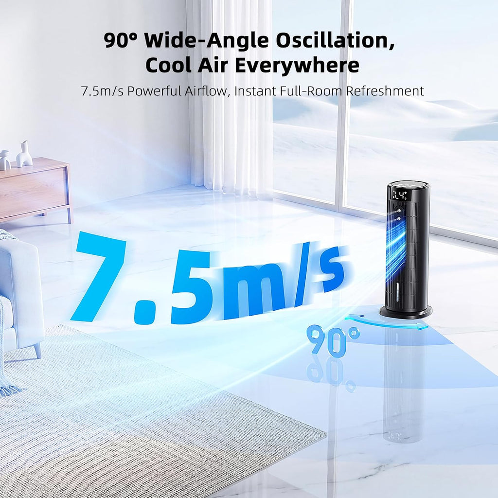  Climatiseur Mobile Sans Évacuation (<30 DB), Moteur CC Amélioré 2026, Ventilation Puissante 7,5 M/s, Minuteur 10H, Oscillation 90° Et 4 Vitesses, Climatiseur Portable Avec Télécommande, Noir Dépoli