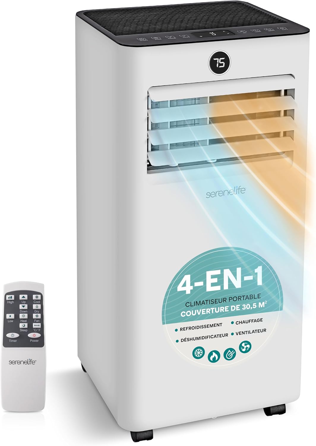  SereneLife Climatiseur Mobile 9000 BTU 2,34 KW Chauffage – Climatiseur Portable Avec Évacuation, Ventilateur Et Déshumidificateur, Compact Avec Télécommande Et Kit Fenêtre Gris