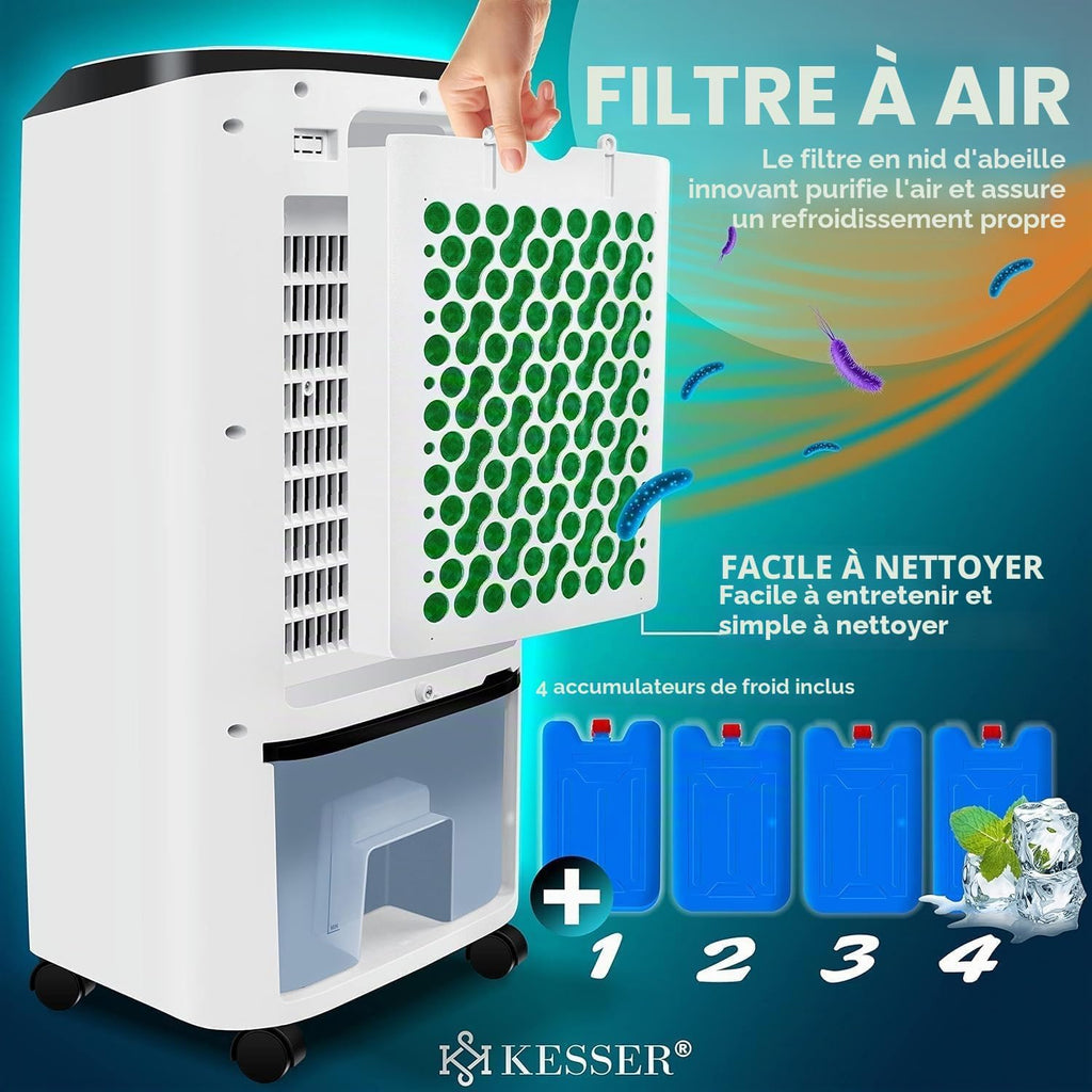  KESSER® Climatiseur Mobile 4 En 1 Avec Télécommande Et Minuterie, Réservoir D'eau De 10 L, Ioniseur Et Humidificateur, Ventilateur Sans Tuyau D'évacuation, 3 Niveaux Avec Blocs Réfrigérants