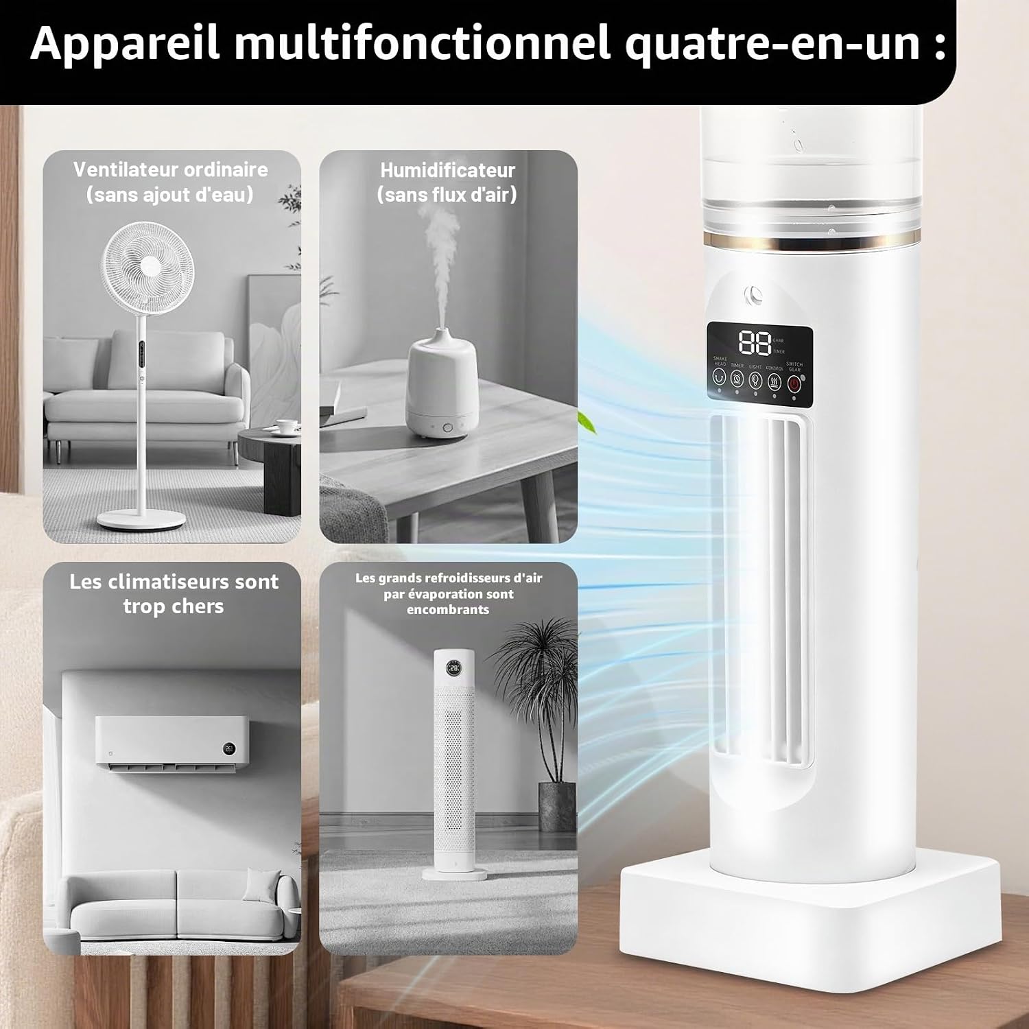  Mini Climatiseur Mobile, Refroidisseur D'air à 6 Niveaux Avec Réservoir D'eau De 100 Ml, Refroidissement Rapide 3S, Télécommande Sans Contact, Minuterie 6H, Humidificateur Pour Chambre à Coucher
