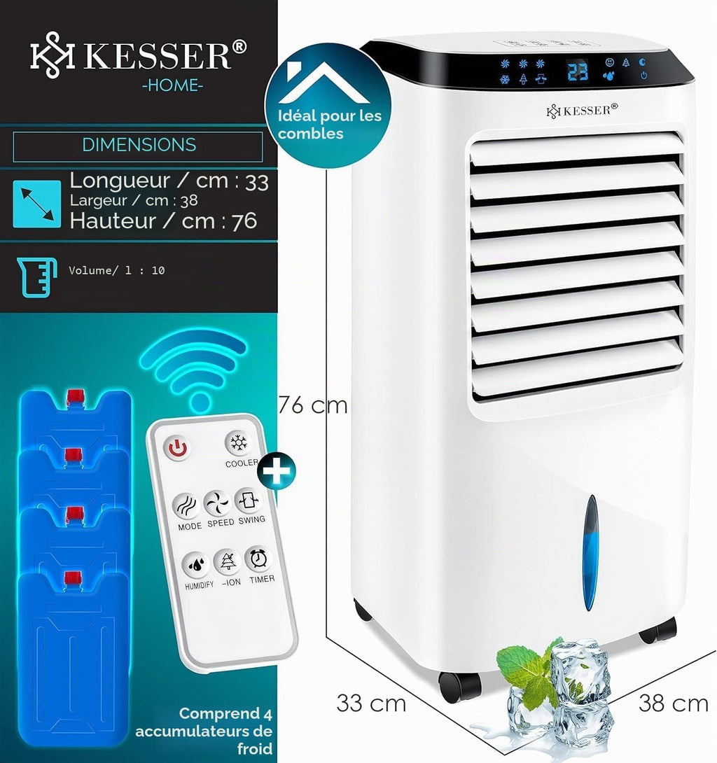  KESSER® Climatiseur Mobile 4 En 1 Avec Télécommande Et Minuterie, Réservoir D'eau De 10 L, Ioniseur Et Humidificateur, Ventilateur Sans Tuyau D'évacuation, 3 Niveaux Avec Blocs Réfrigérants