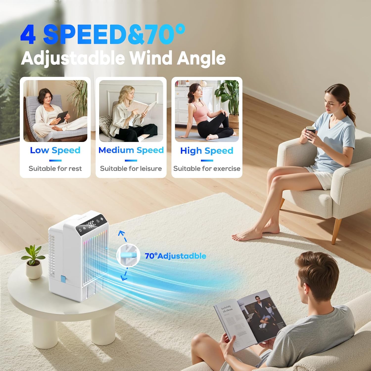 Climatiseur Mobile, 1000ML Climatiseur Portable, Refroidisseur D'air Portable, USB Rafraichisseur D'air, 2-12H Minuterie, 3 Vitesses, LED 7 Colorées, Maison, Bureau