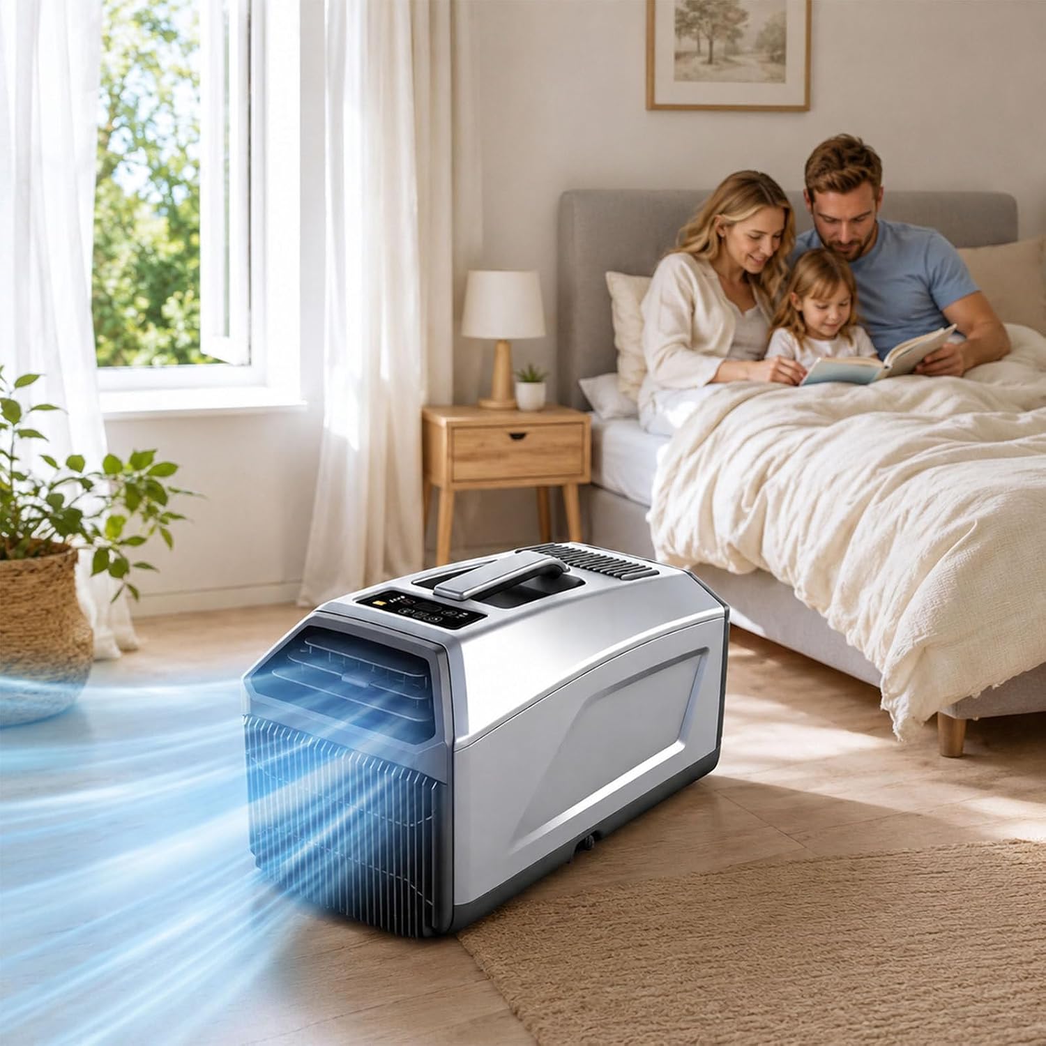  Climatiseur 3 En 1,Climatiseur Mobile Portable,Unité De Climatisation De Camping 2026,Silencieux (36-49 DB),Minuterie 24 H,Télécommande,3 Vitesses, Double Tuyau Pour La Maison 1500W