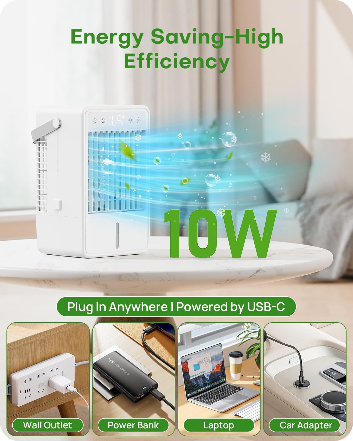  Climatiseur Mobile Avec Réservoir De 1500ML, Télécommande Incluse, 5 Vitesses Et 3 Modes, Minuterie Programmable (2 à 10 Heures), Alimentation USB & Éclairage LED RGB – Parfait Pour Les Petites Pièces