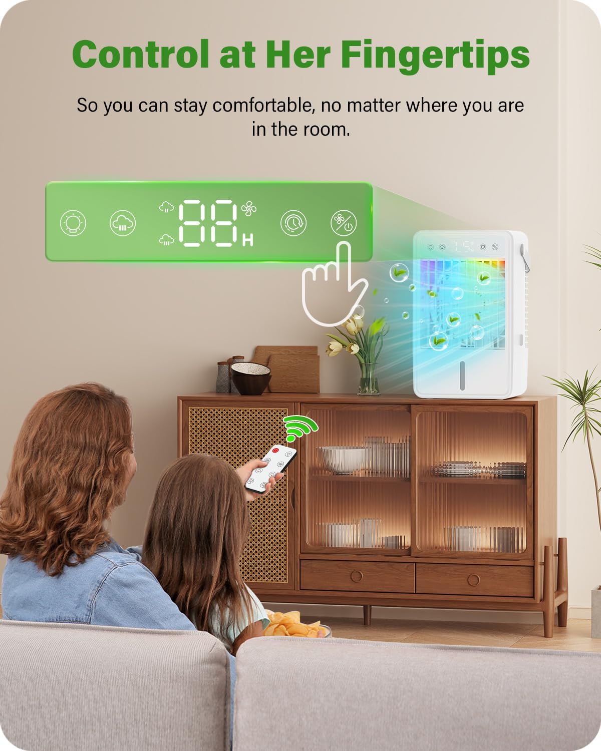  Climatiseur Mobile Avec Réservoir De 1500ML, Télécommande Incluse, 5 Vitesses Et 3 Modes, Minuterie Programmable (2 à 10 Heures), Alimentation USB & Éclairage LED RGB – Parfait Pour Les Petites Pièces