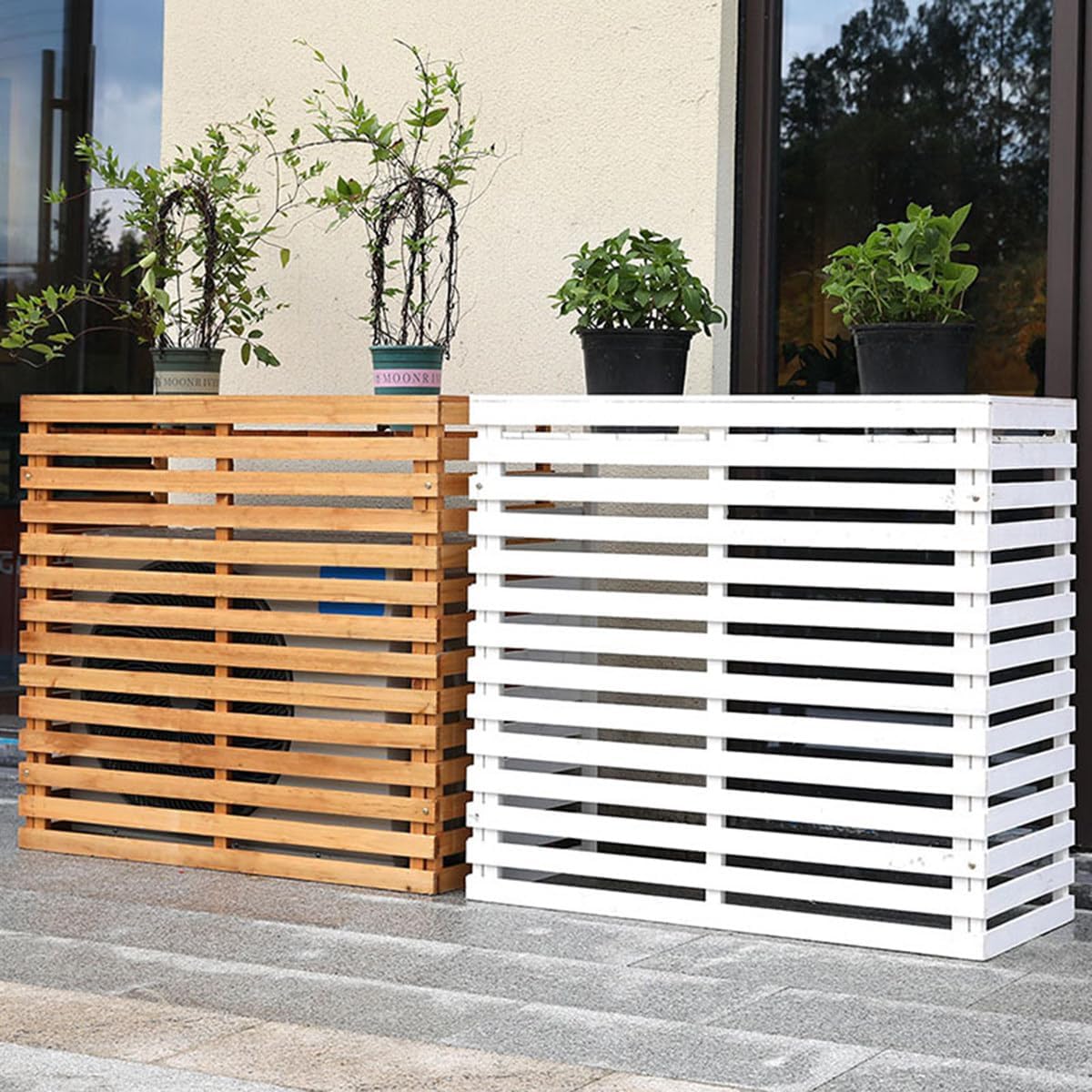 GENERIC Housse De Protection Pour Climatiseur D'extérieur En Bois Massif Avec Persiennes Et Support De Fleurs - Protection Contre Les Intempéries Pour Climatiseur - Taille E-105 X 45 X 95 Cm