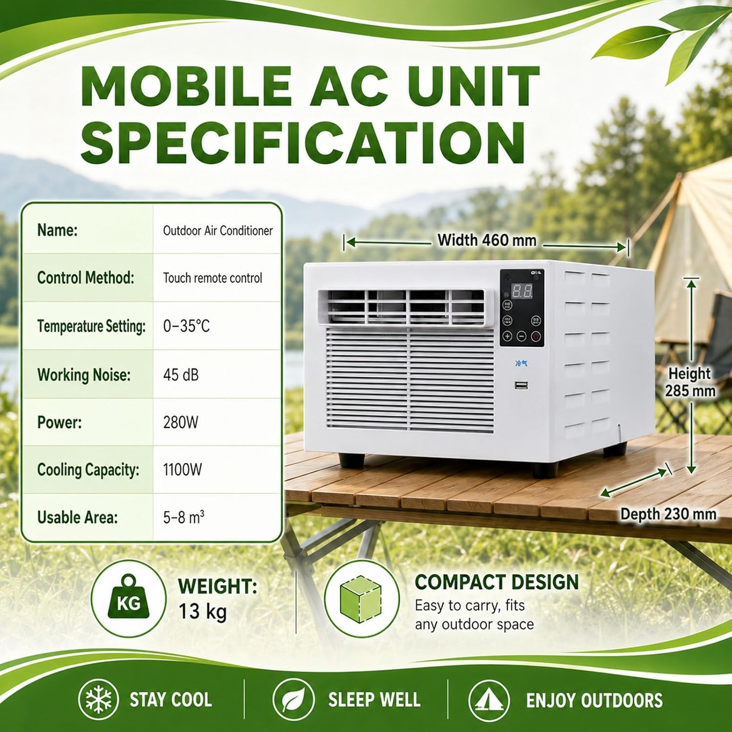 Climatiseur Mobile,Climatiseur Portable 280 W Pour Extérieur, Climatiseur/Refroidisseur D'air Mobile Pour Tente, 1876 Btu, Mode Déshumidificateur, Minuterie, Télécommande AC+1.5M