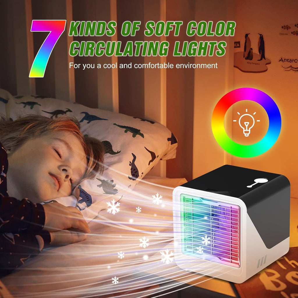  Puissant Ventilateur De Climatisation Portable à Vent Froid, 7 Types De Lumières, Refroidisseur D'air Par évaporation Avec 3 Vitesses De Vent Et 500 Ml, Refroidisseur D'air Pour Bureau, Chambre