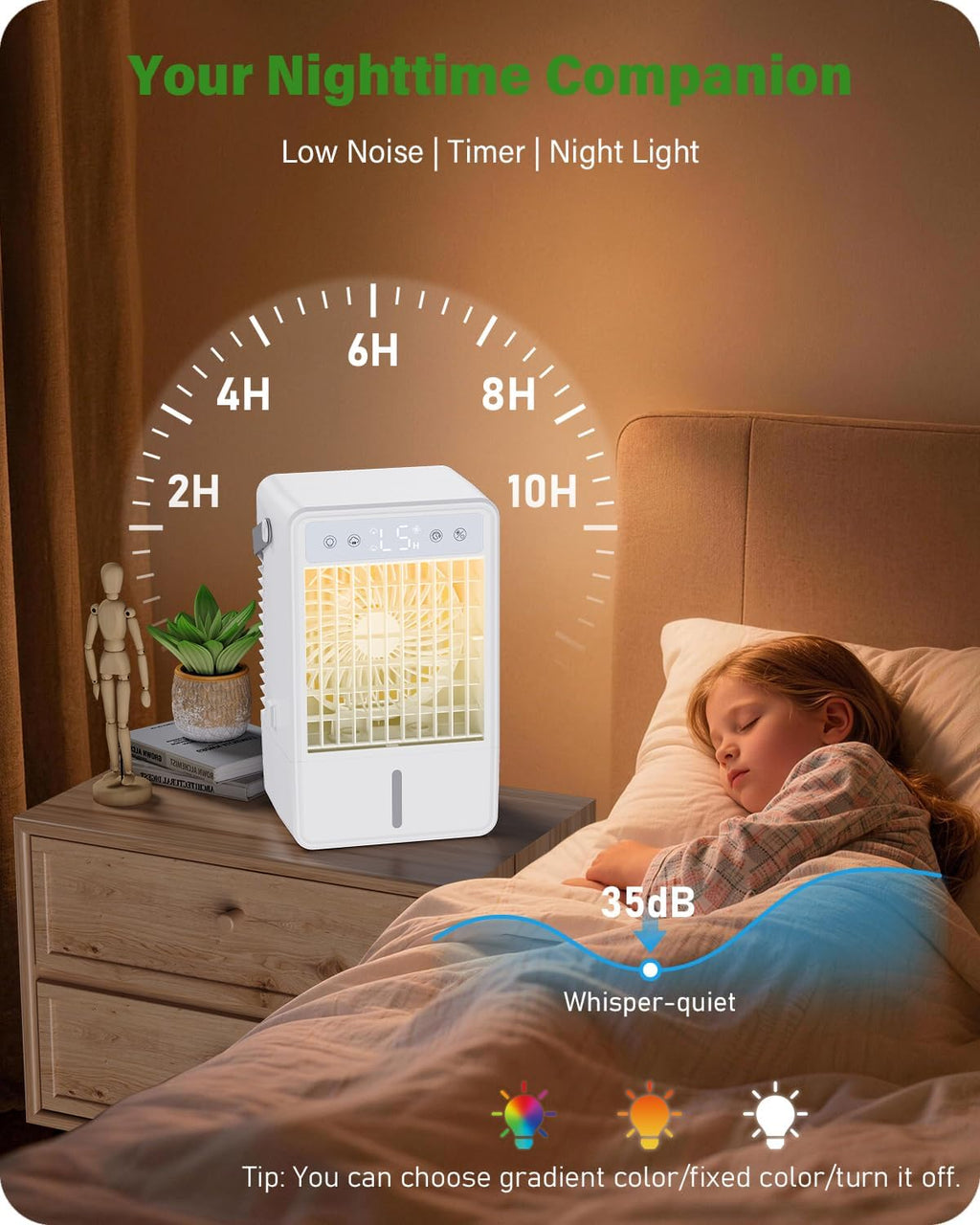  Climatiseur Mobile Avec Réservoir De 1500ML, Télécommande Incluse, 5 Vitesses Et 3 Modes, Minuterie Programmable (2 à 10 Heures), Alimentation USB & Éclairage LED RGB – Parfait Pour Les Petites Pièces