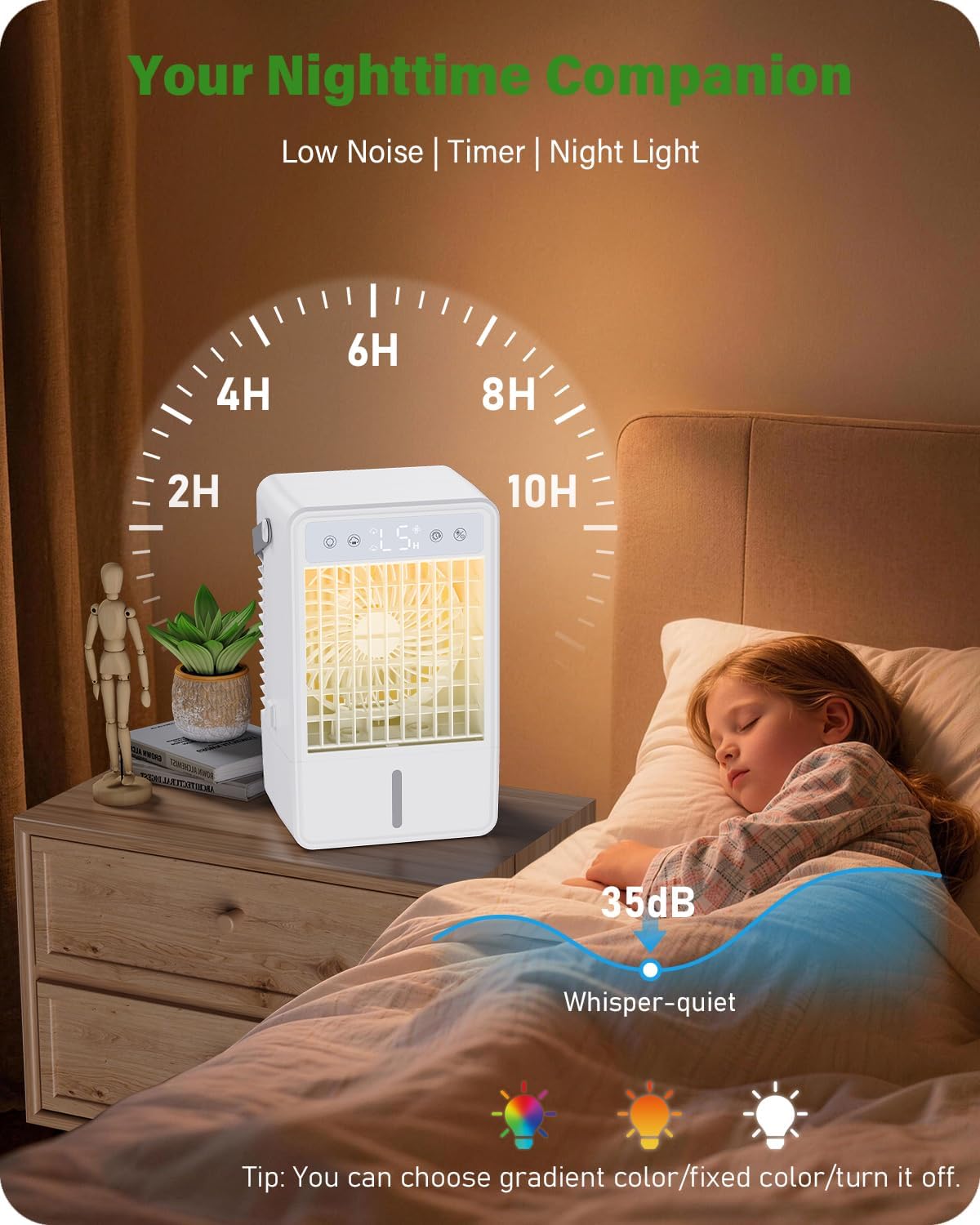  Climatiseur Mobile Avec Réservoir De 1500ML, Télécommande Incluse, 5 Vitesses Et 3 Modes, Minuterie Programmable (2 à 10 Heures), Alimentation USB & Éclairage LED RGB – Parfait Pour Les Petites Pièces
