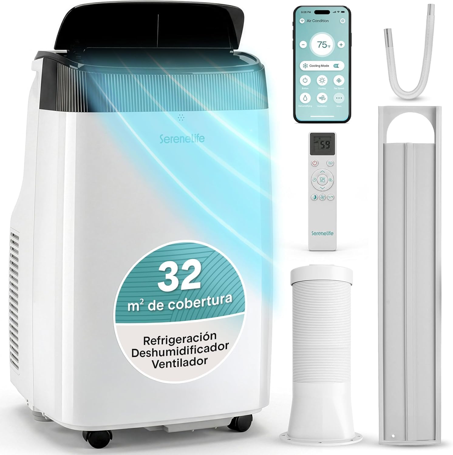  SereneLife Climatiseur Portable 9000 BTU WiFi, 3 En 1 : Refroidissement, Ventilateur, Déshumidificateur, Minuterie 24h, Couverture De 41,8 M², Kit De Fenêtre Et Télécommande
