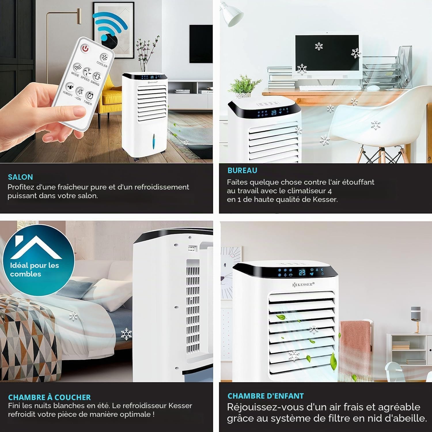  KESSER® Climatiseur Mobile 4 En 1 Avec Télécommande Et Minuterie, Réservoir D'eau De 10 L, Ioniseur Et Humidificateur, Ventilateur Sans Tuyau D'évacuation, 3 Niveaux Avec Blocs Réfrigérants
