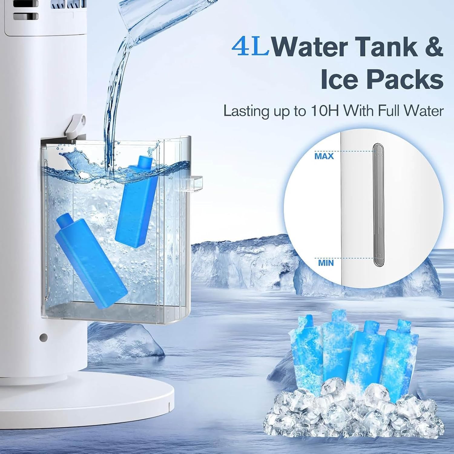 GENERIC Ventilateur De Refroidissement Portable Avec Sacs De Glace Et Ventilateur De Tour Sans Lame Silencieux à Distance Souffle D'air Froid Avec 70 ° D'oscillation 3 Vitesses 4LTank