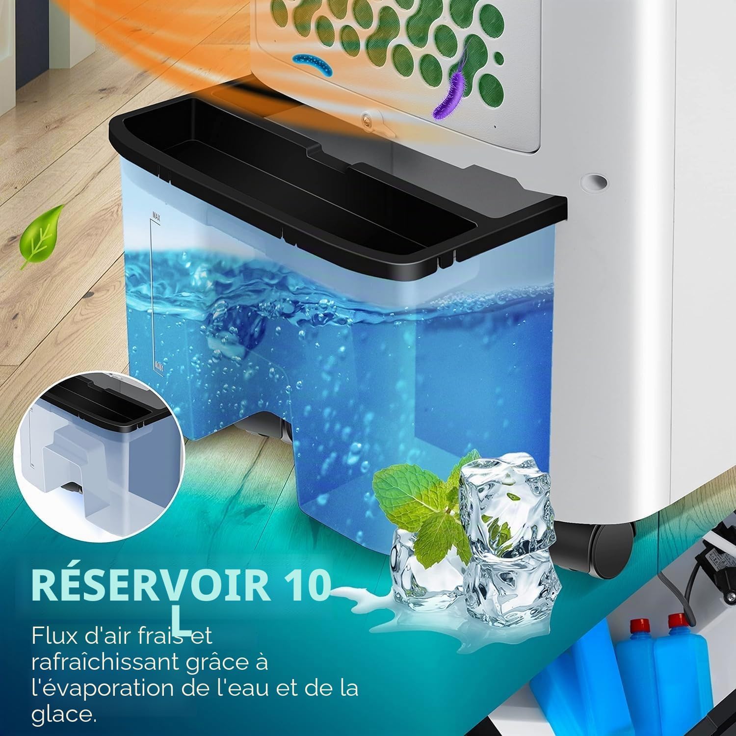  KESSER® Climatiseur Mobile 4 En 1 Avec Télécommande Et Minuterie, Réservoir D'eau De 10 L, Ioniseur Et Humidificateur, Ventilateur Sans Tuyau D'évacuation, 3 Niveaux Avec Blocs Réfrigérants