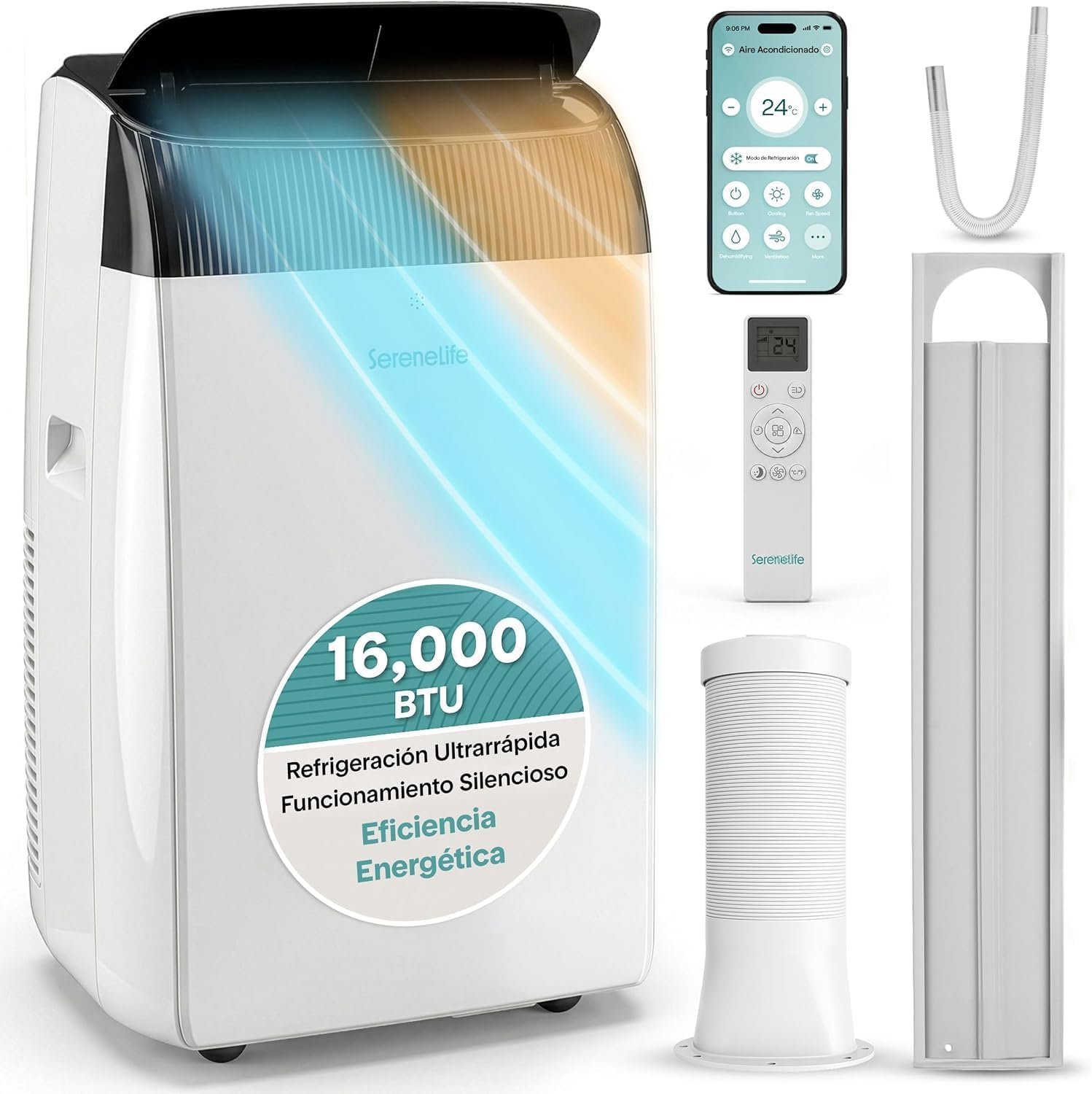  SereneLife Climatiseur Portable 9000 BTU WiFi, 3 En 1 : Refroidissement, Ventilateur, Déshumidificateur, Minuterie 24h, Couverture De 41,8 M², Kit De Fenêtre Et Télécommande