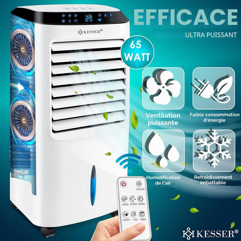  KESSER® Climatiseur Mobile 4 En 1 Avec Télécommande Et Minuterie, Réservoir D'eau De 10 L, Ioniseur Et Humidificateur, Ventilateur Sans Tuyau D'évacuation, 3 Niveaux Avec Blocs Réfrigérants