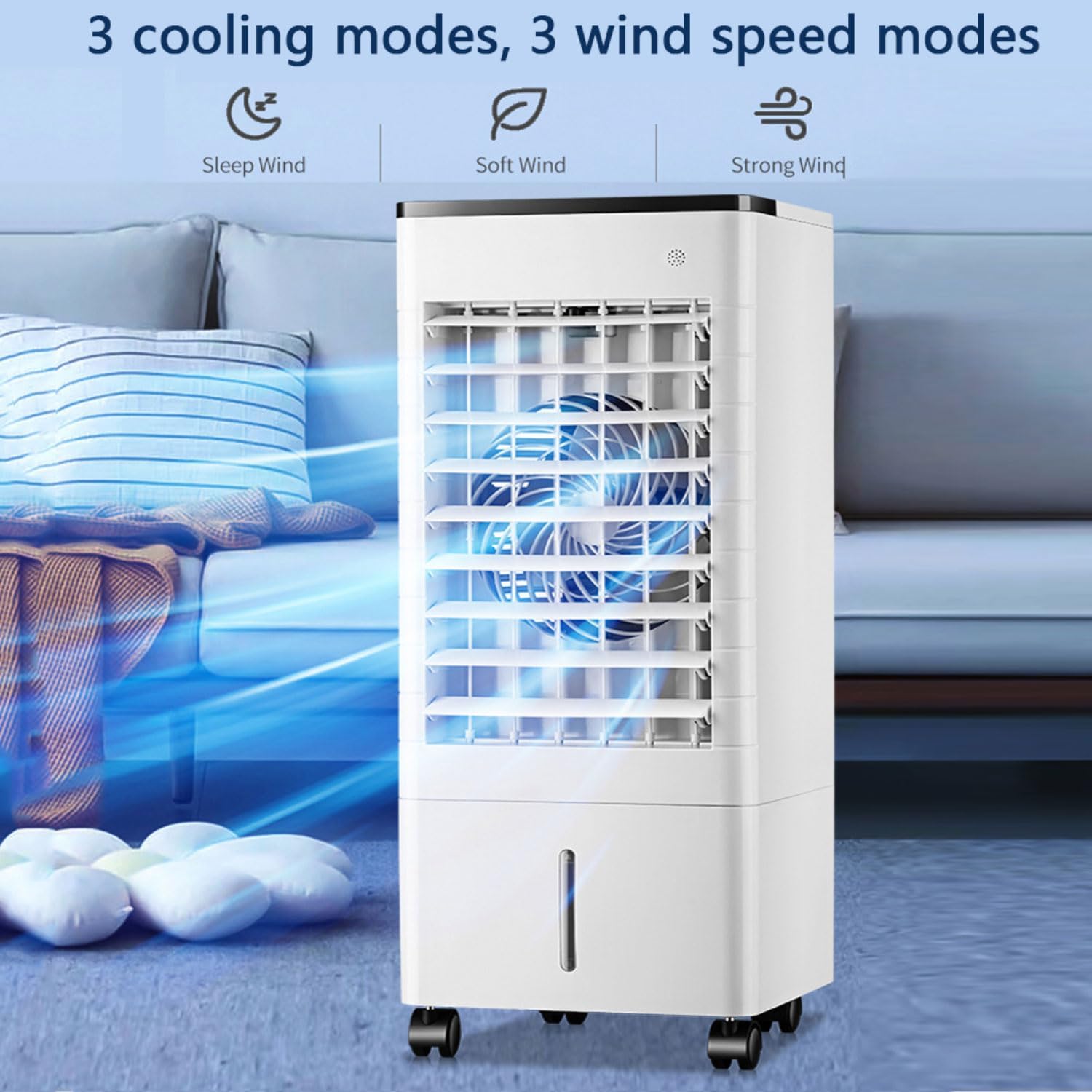 GENERIC Climatiseur Portable Par évaporation Avec Ventilateur Oscillant à 90°, 4 Modes, 3 Vitesses, Minuterie 15 H, Télécommande Et Blocs Réfrigérants, Réservoir D'eau De 9 L. Idéal Pour Chambre Ou Bureau.