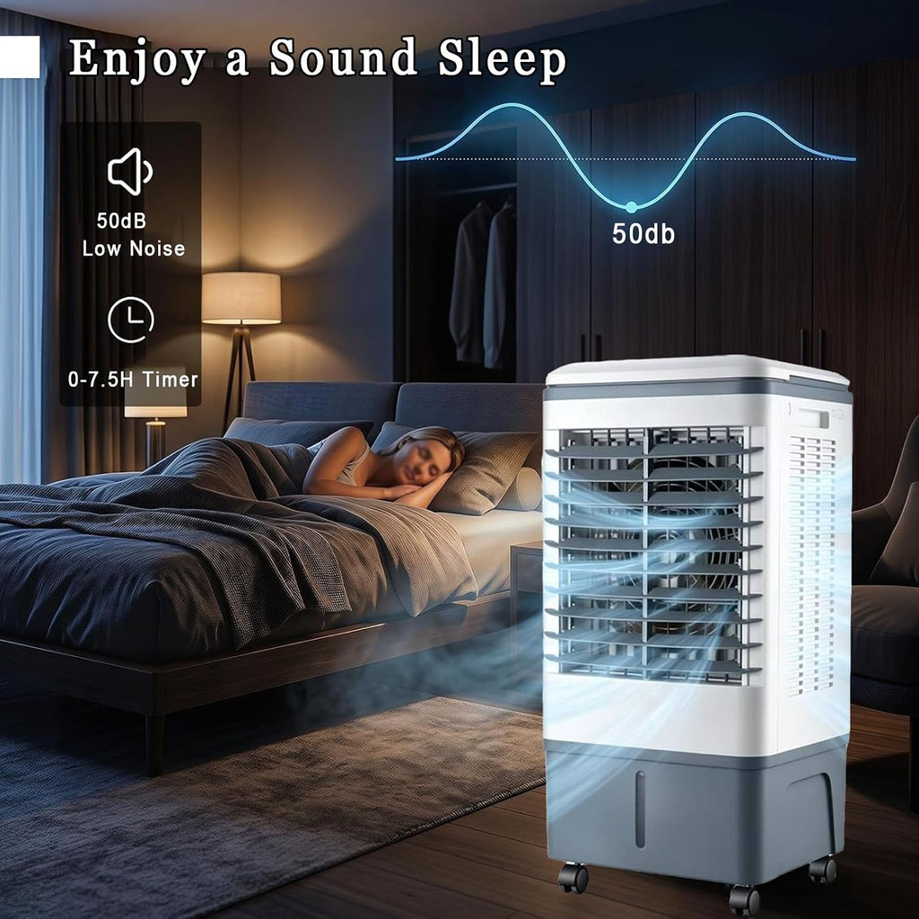  Rafraichisseur D’Air 3 En 1 Avec Télécommande, Climatiseur Mobile Sans Évacuation, Réservoir D’Eau 20L, Oscillation 60°, 3 Vietesses, 3 Modes, Purification, Minuterie 7.5H, Silencieux, Chambre