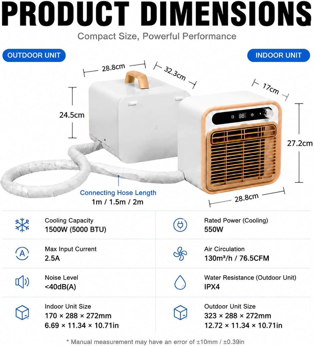  Climatiseur De Bureau 5000 BTU, Climatiseur Mobile 2m | Structure Split Silencieux, AC Pour Tente Camping Et Chambre, Option Longueur Tuyau 1m/1.5m/2m Sans Eau 12H