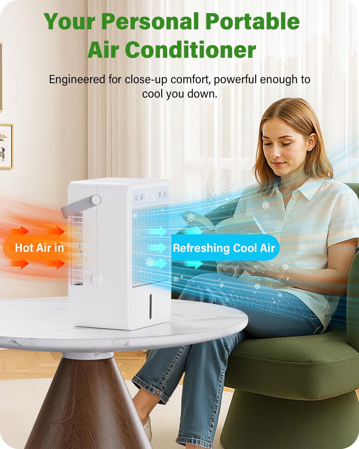  Climatiseur Mobile Avec Réservoir De 1500ML, Télécommande Incluse, 5 Vitesses Et 3 Modes, Minuterie Programmable (2 à 10 Heures), Alimentation USB & Éclairage LED RGB – Parfait Pour Les Petites Pièces