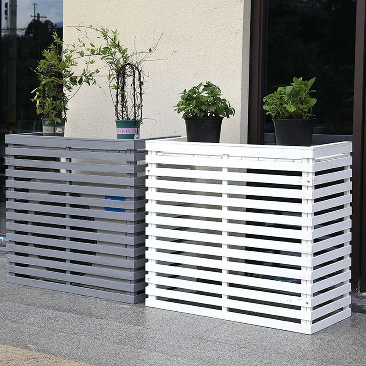 GENERIC Housse De Protection Pour Climatiseur D'extérieur En Bois Massif Avec Persiennes Et Support De Fleurs - Protection Contre Les Intempéries Pour Climatiseur - Taille E-105 X 45 X 95 Cm