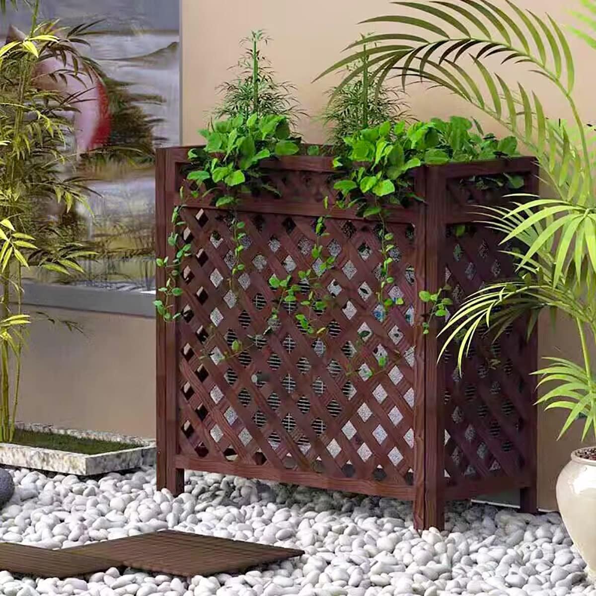  Clôture En Bois Massif Pour Climatisation, écran De Confidentialité Extérieur, Support Pour Climatiseur, Support Pour Fleurs, Grille De Protection Pour Séparation D'espace
