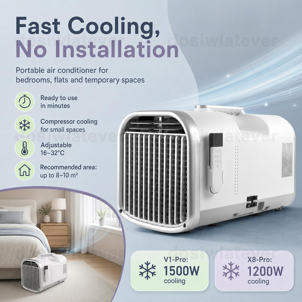  Climatiseur Mobile Silencieux 4100-5100 BTU 1200W/1500W, Refroidissement Rapide 8-10m², Clim Portable Sans Installation, Usage Chambre Bureau Tente Camping White-V1pro220V