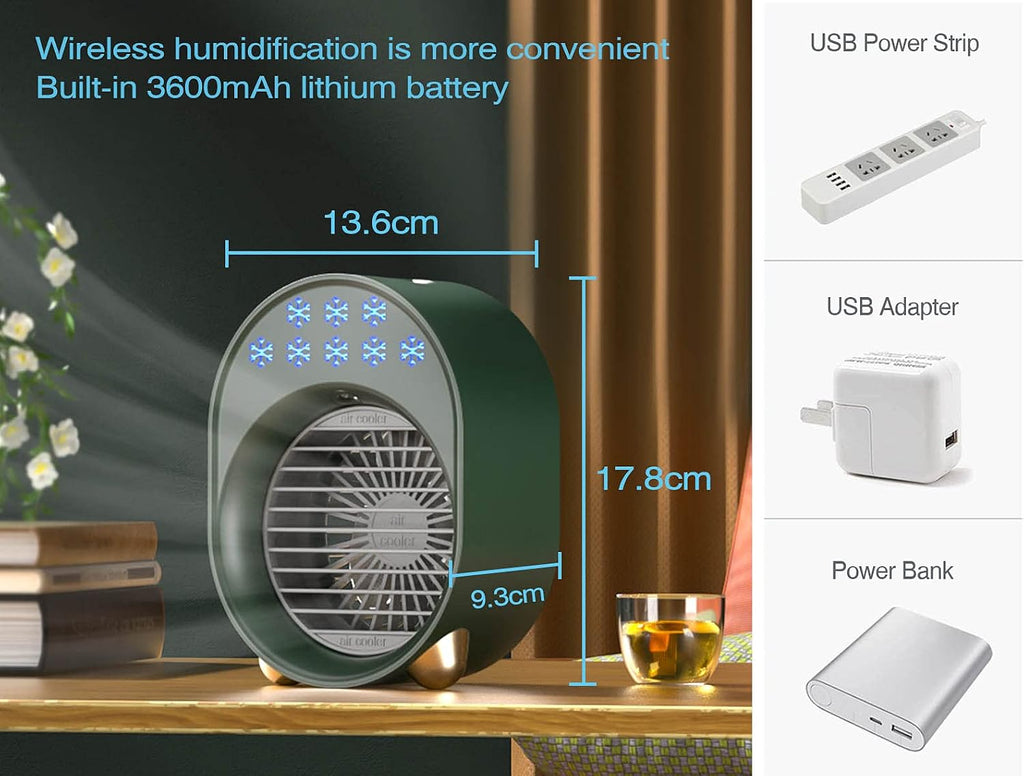  Mini Climatiseur Portable, Mobile Sans Évacuation, Ventilateur Silencieux Chambre, Clim Portable Rechargeable USB Petit Humidificateur Air 3600mAh 4 En 1