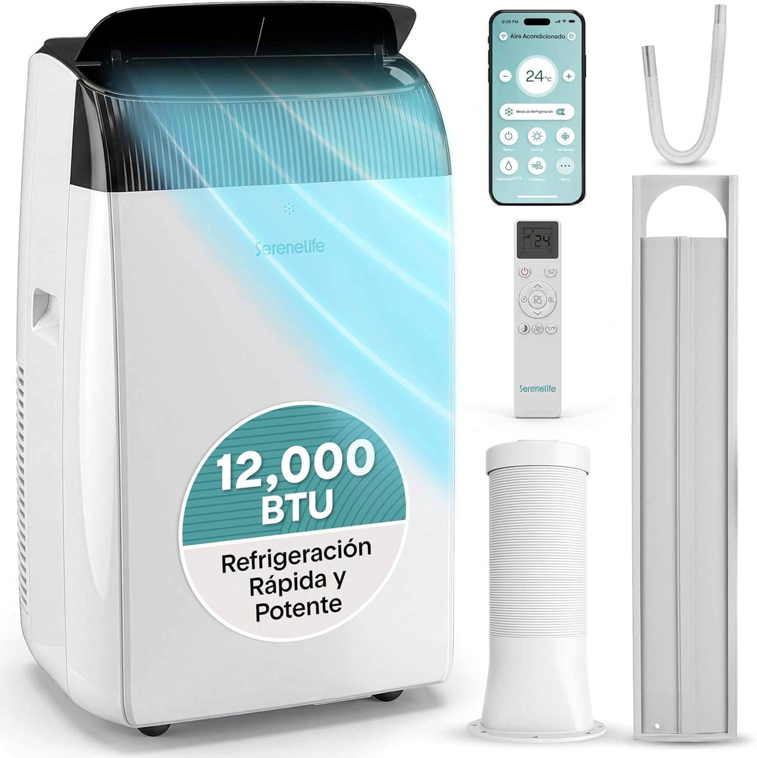  SereneLife Climatiseur Portable 9000 BTU WiFi, 3 En 1 : Refroidissement, Ventilateur, Déshumidificateur, Minuterie 24h, Couverture De 41,8 M², Kit De Fenêtre Et Télécommande
