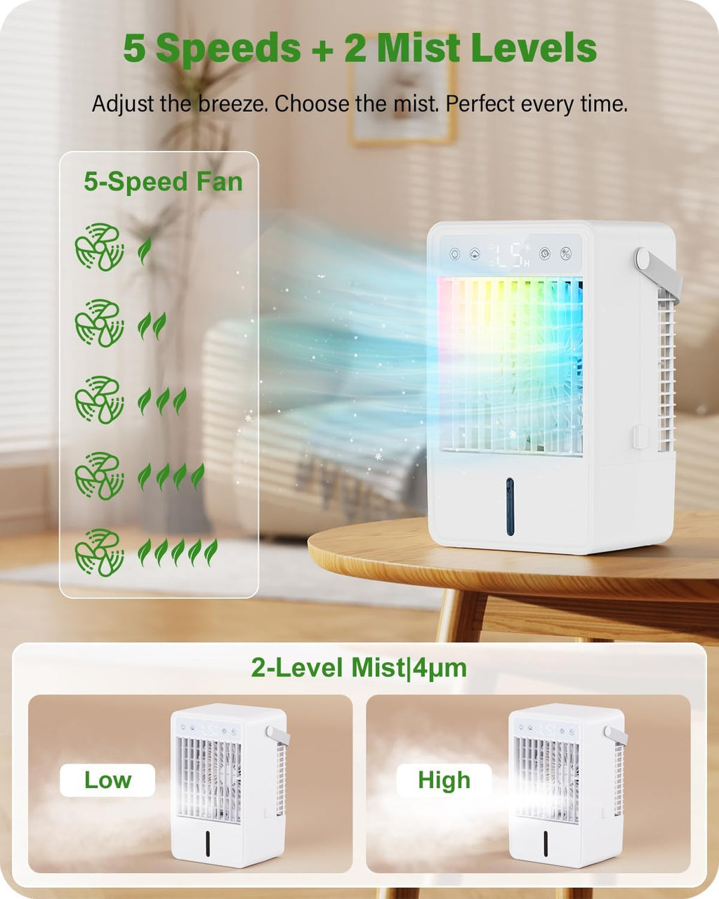  Climatiseur Mobile Avec Réservoir De 1500ML, Télécommande Incluse, 5 Vitesses Et 3 Modes, Minuterie Programmable (2 à 10 Heures), Alimentation USB & Éclairage LED RGB – Parfait Pour Les Petites Pièces