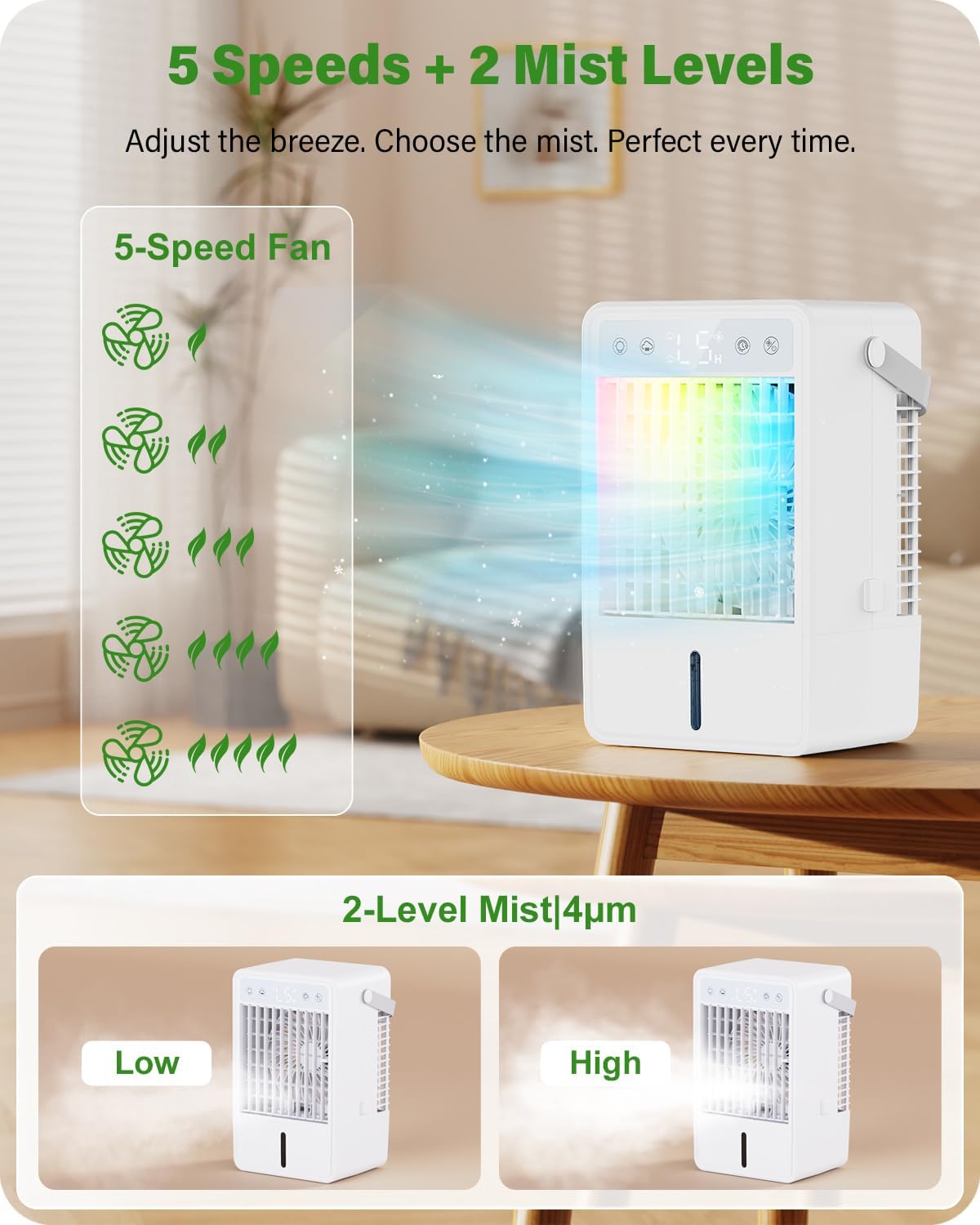  Climatiseur Mobile Avec Réservoir De 1500ML, Télécommande Incluse, 5 Vitesses Et 3 Modes, Minuterie Programmable (2 à 10 Heures), Alimentation USB & Éclairage LED RGB – Parfait Pour Les Petites Pièces