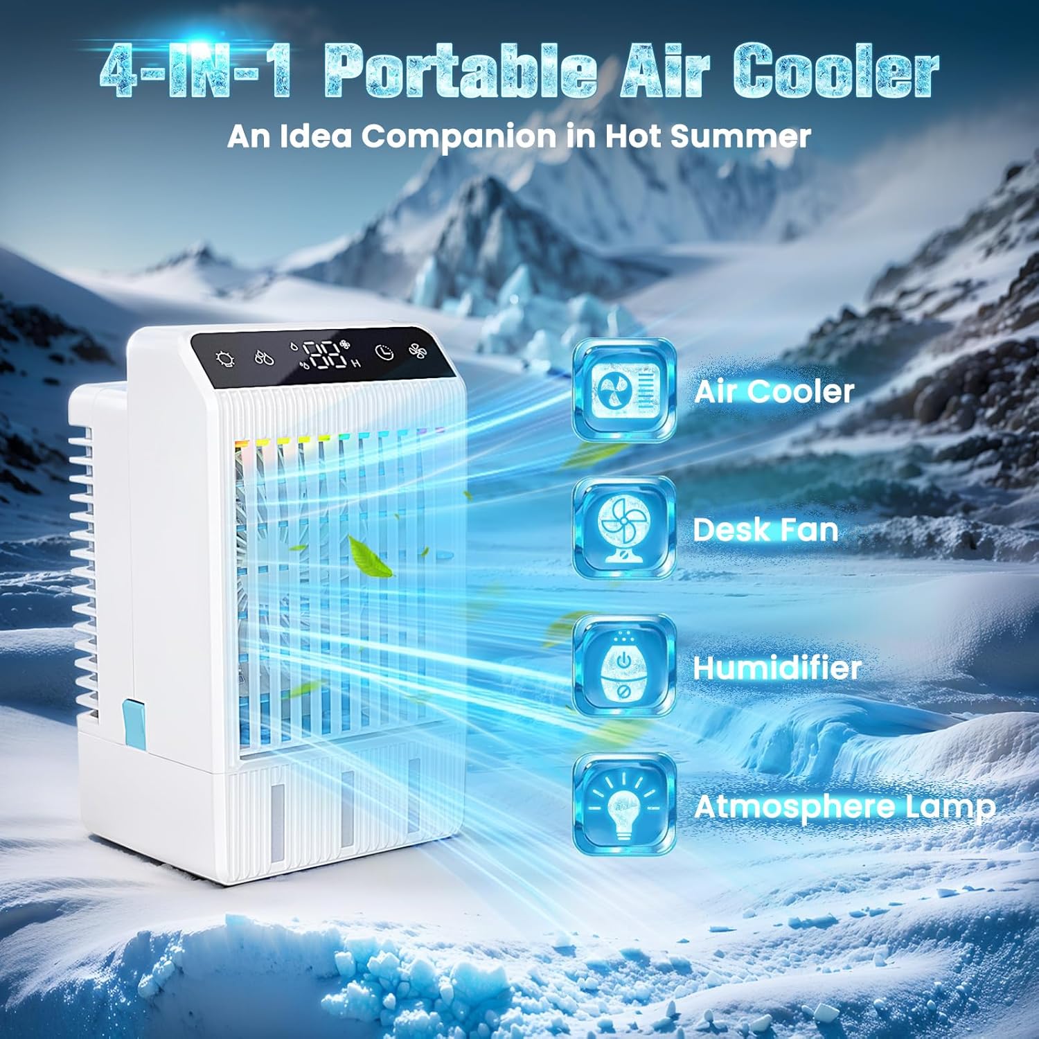 Climatiseur Mobile, 1000ML Climatiseur Portable, Refroidisseur D'air Portable, USB Rafraichisseur D'air, 2-12H Minuterie, 3 Vitesses, LED 7 Colorées, Maison, Bureau