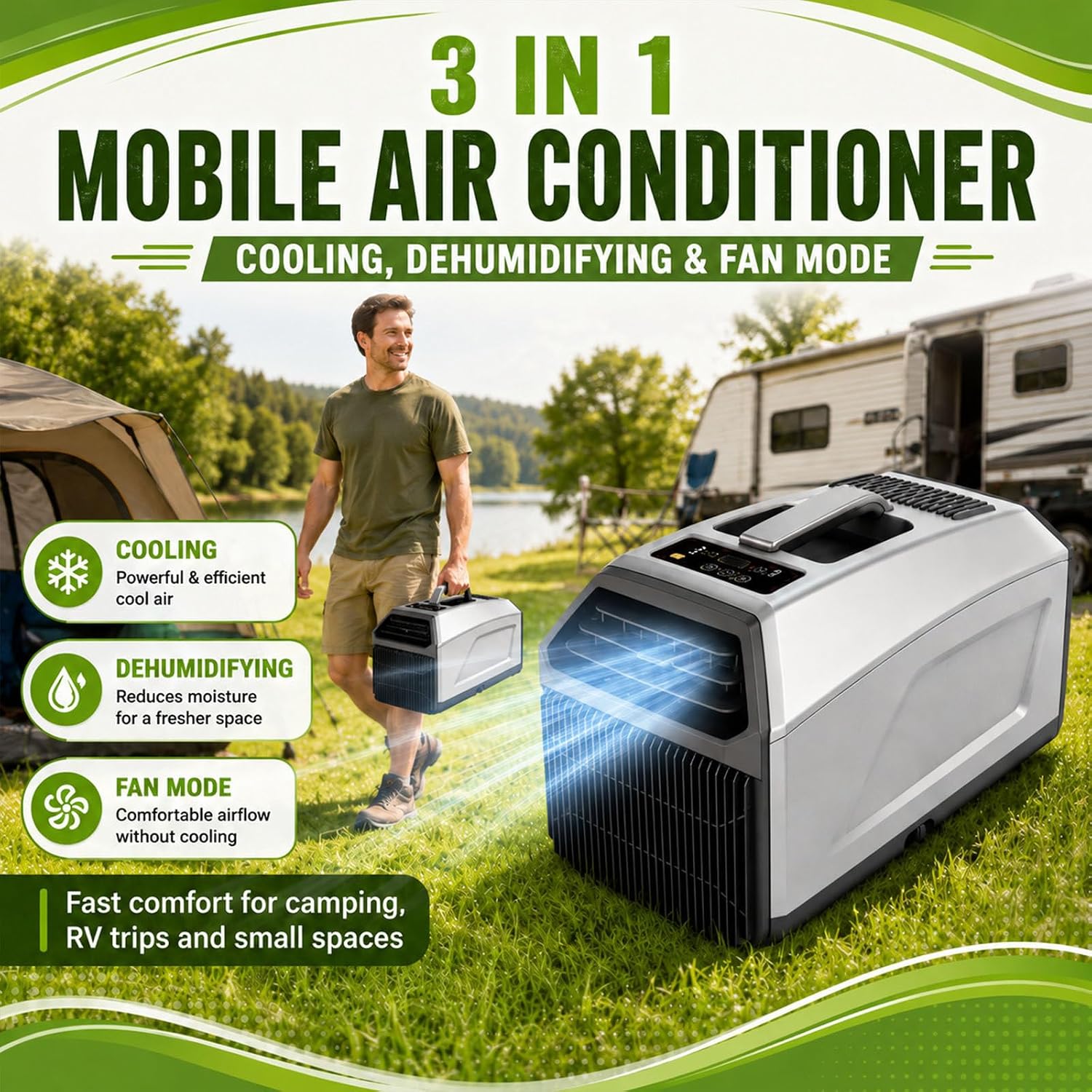  Climatiseur 3 En 1,Climatiseur Mobile Portable,Unité De Climatisation De Camping 2026,Silencieux (36-49 DB),Minuterie 24 H,Télécommande,3 Vitesses, Double Tuyau Pour La Maison 1500W
