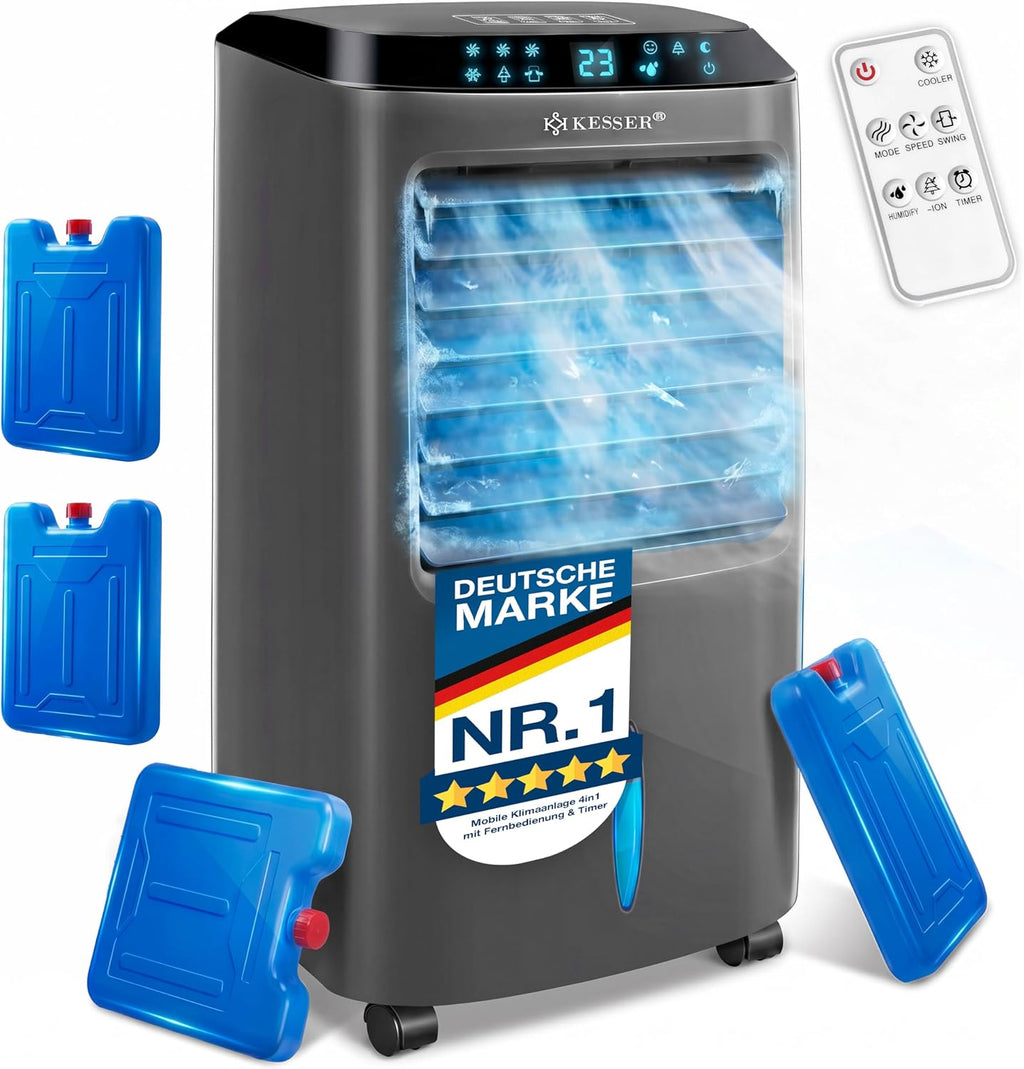  KESSER® Climatiseur Mobile 4 En 1 Avec Télécommande Et Minuterie, Réservoir D'eau De 10 L, Ioniseur Et Humidificateur, Ventilateur Sans Tuyau D'évacuation, 3 Niveaux Avec Blocs Réfrigérants