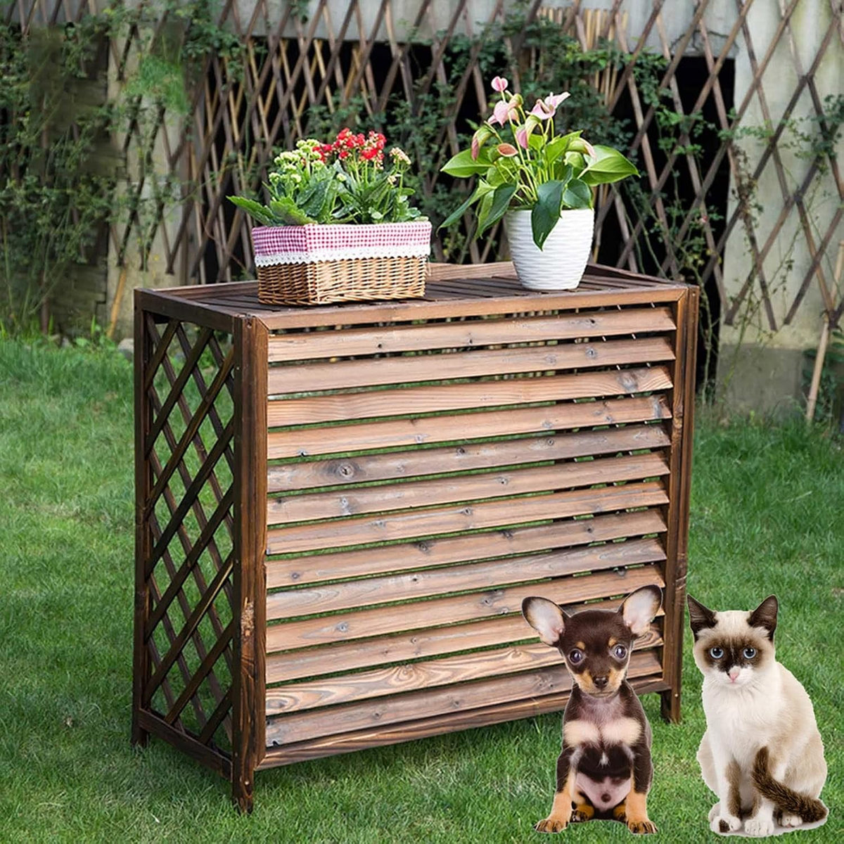  Housse De Protection Pour Climatiseur Extérieur, écran De Confidentialité Décoratif Pour Climatiseur De Jardin, étagère De Rangement En Bois Pour Pompes à Chaleur, Suppor