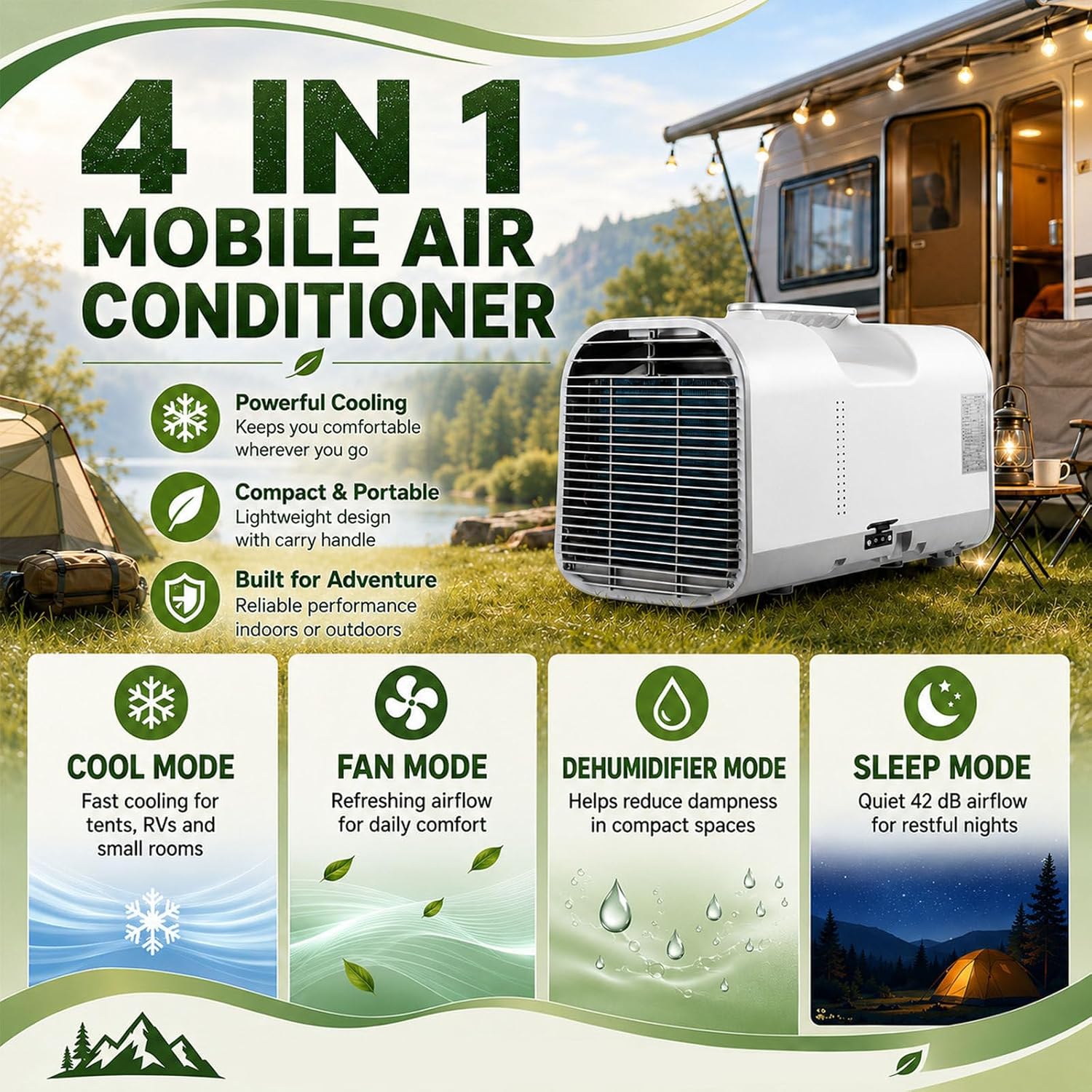 GENERIC Climatiseur Portable Pour Camping-Cars Et Petites Pièces, Ventilateur 4 En 1, Mode Sommeil, évaporation Automatique, Réglage De La Température De 16 à