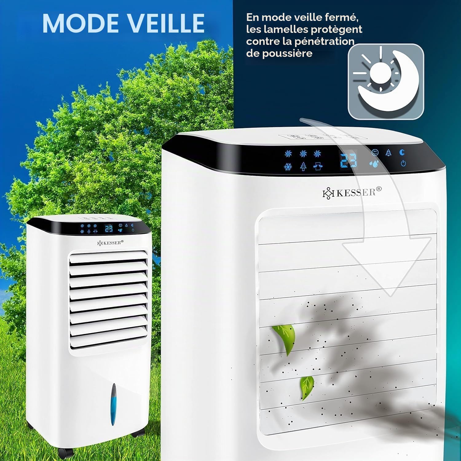  KESSER® Climatiseur Mobile 4 En 1 Avec Télécommande Et Minuterie, Réservoir D'eau De 10 L, Ioniseur Et Humidificateur, Ventilateur Sans Tuyau D'évacuation, 3 Niveaux Avec Blocs Réfrigérants