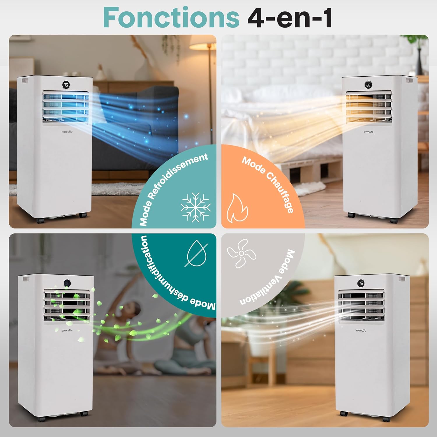  SereneLife Climatiseur Mobile 9000 BTU 2,34 KW Chauffage – Climatiseur Portable Avec Évacuation, Ventilateur Et Déshumidificateur, Compact Avec Télécommande Et Kit Fenêtre Gris