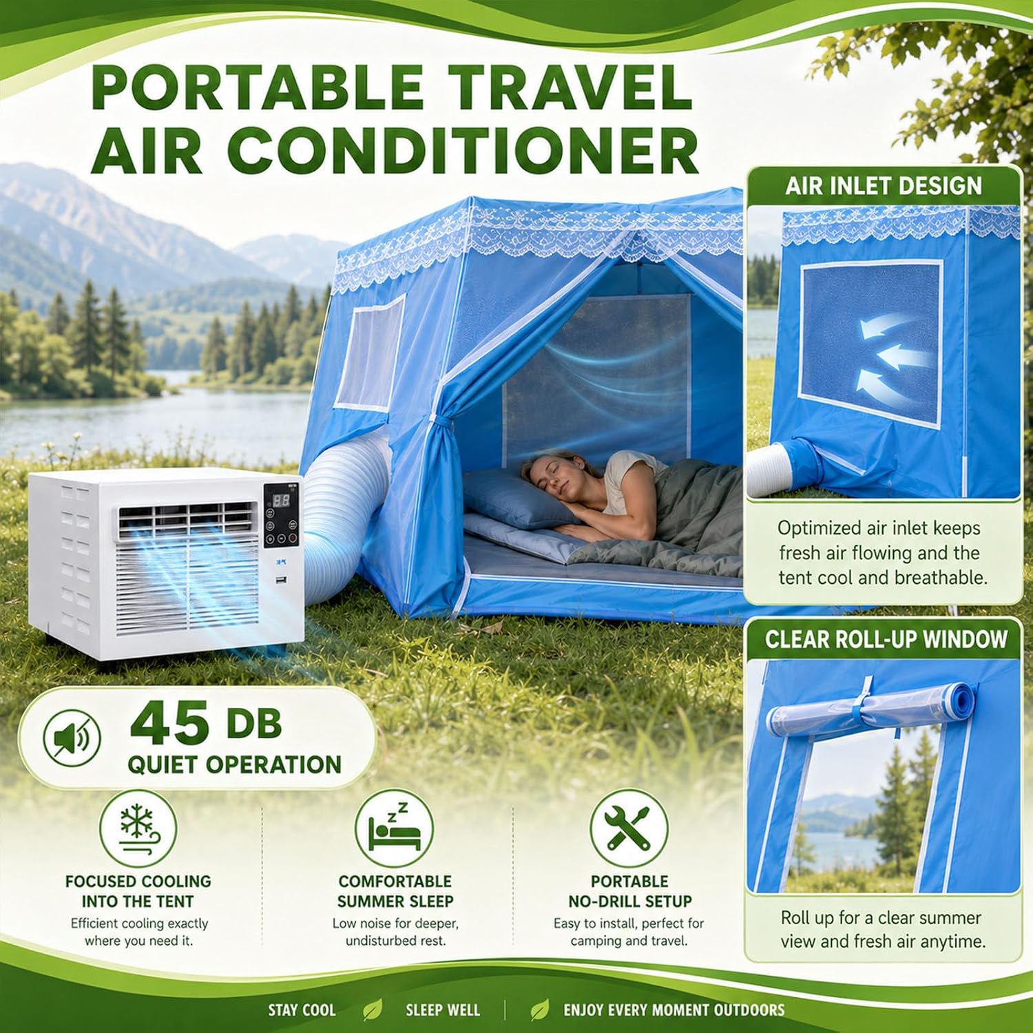  Climatiseur Mobile,Climatiseur Portable 280 W Pour Extérieur, Climatiseur/Refroidisseur D'air Mobile Pour Tente, 1876 Btu, Mode Déshumidificateur, Minuterie, Télécommande AC+1.5M