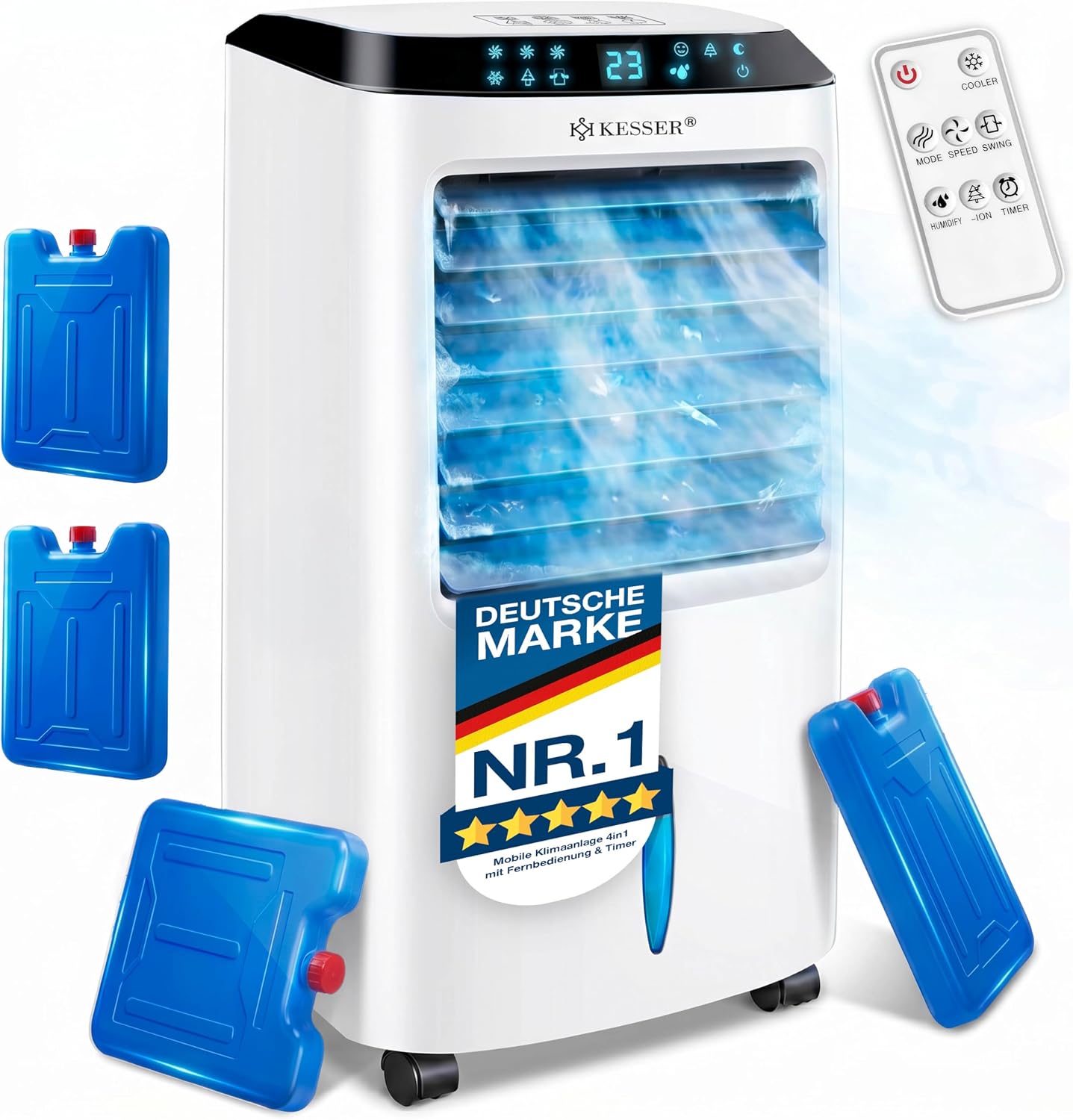  KESSER® Climatiseur Mobile 4 En 1 Avec Télécommande Et Minuterie, Réservoir D'eau De 10 L, Ioniseur Et Humidificateur, Ventilateur Sans Tuyau D'évacuation, 3 Niveaux Avec Blocs Réfrigérants