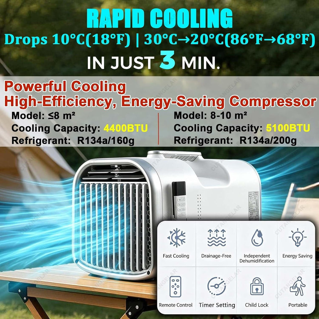  Climatiseur Portable 4400/5100 Btu, Refroidissement Rapide En 3 Min (Baisse De 10 °C), Sans Contrainte De Vidange, Pour Tente De Camping, Camping-Car, Chambre, Animaux Compagnie(1-8 M²)